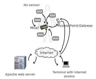 Wireless sensor network architecture from sensor nodes through gateway to web server