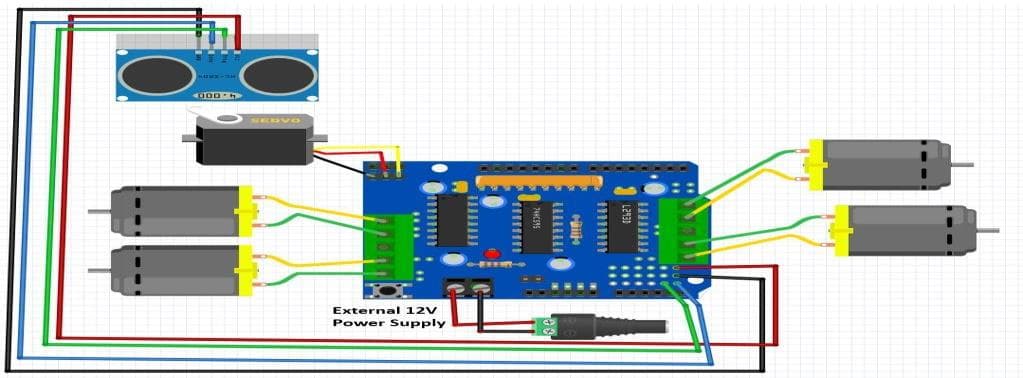 Wiring diagram of Arduino, motor driver, ultrasonic sensor and four motors