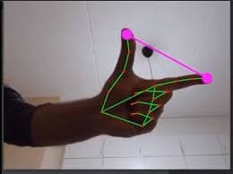 A hand with the 21-point MediaPipe skeleton drawn over it